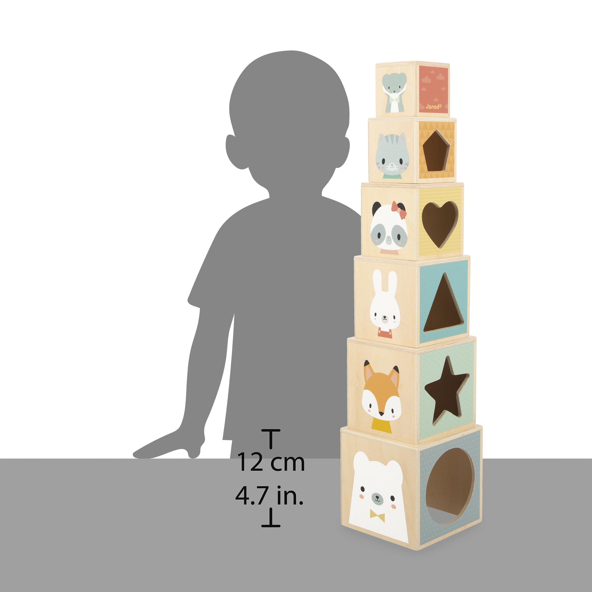 Janod Pyramide en Bois d'Éveil-6 Cubes à Empiler-Jouet d'Empilement d'Encastrement-Développe Dextérité et Imagination-Premier âge-da 12 miesięcy, J05147