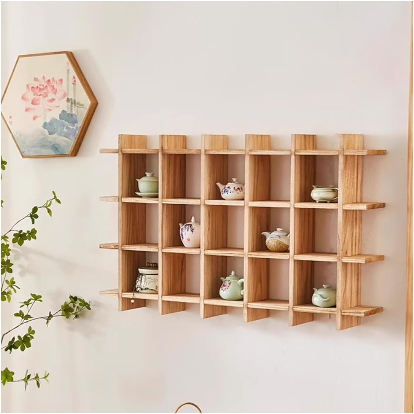 Multifunctional Wooden Mug Display, Wall Mounted Decor Display Case, Space-Saving Wall Cup Holder, Multi-Layer Spice Rack, Suitable for Kitchen, Dining Room(Natural,Large)