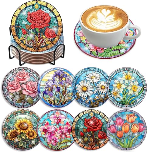 8 kits de sous-verres en peinture diamant fleurs pour adultes débutants, kit complet de sous-verres en peinture diamant avec support, kits de bricolage pour peinture de gemmes pour adultes fournitures
