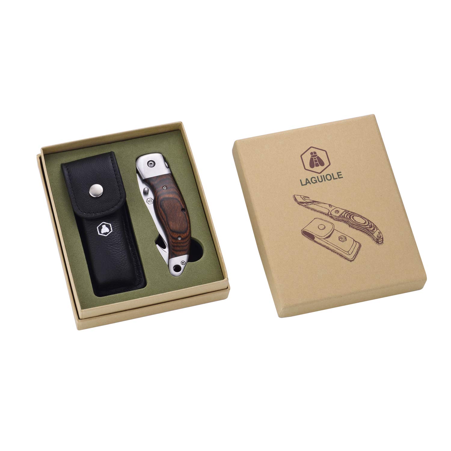 LAGUIOLE - Cuchillo de Caza con Estuche de Cuero Negro - Mango de Madera de Pakka - Hoja 10,5 cm - Acero Inoxidable - castaño