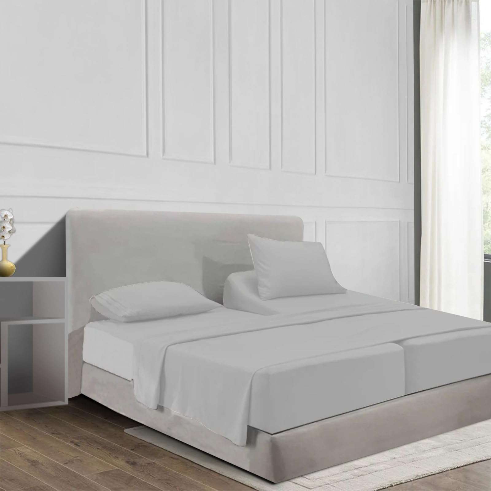 100 Egyptian Cotton Split King Sheet Set 1000 Thread Count Light Grey Luxury Hotel Soft and Smooth Split