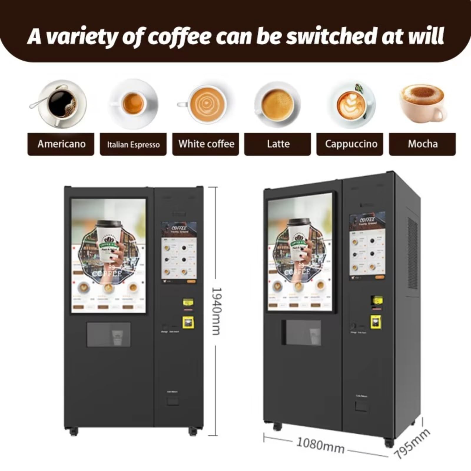 Distributore automatico di caffè, supporta il pagamento self-service delle monete e il pagamento mobile e offre 6 opzioni di gusto personalizzabili tra cui latte e cappuccino.