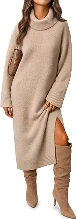 MEROKEETY Women's Fall Casual Turtleneck Oversized Chunky Knit Sweater Dress