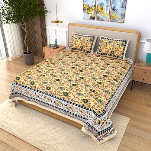 Image of India 100% Pure Cotton Jaipuri Printed Double Bedsheet with 2 Pillow Covers | Traditional Sanganeri Floral Design | Soft Breathable Fabric | King Size Bedsheet for Bedroom (Kaya55)