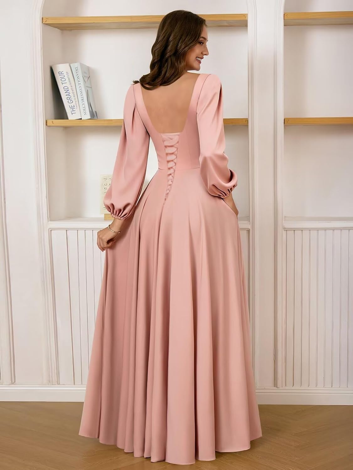 Long Sleeve Bridesmaid Dresses for Women Satin Pleated Formal Dress A Line Evening Party Gown with Slit - Image 2