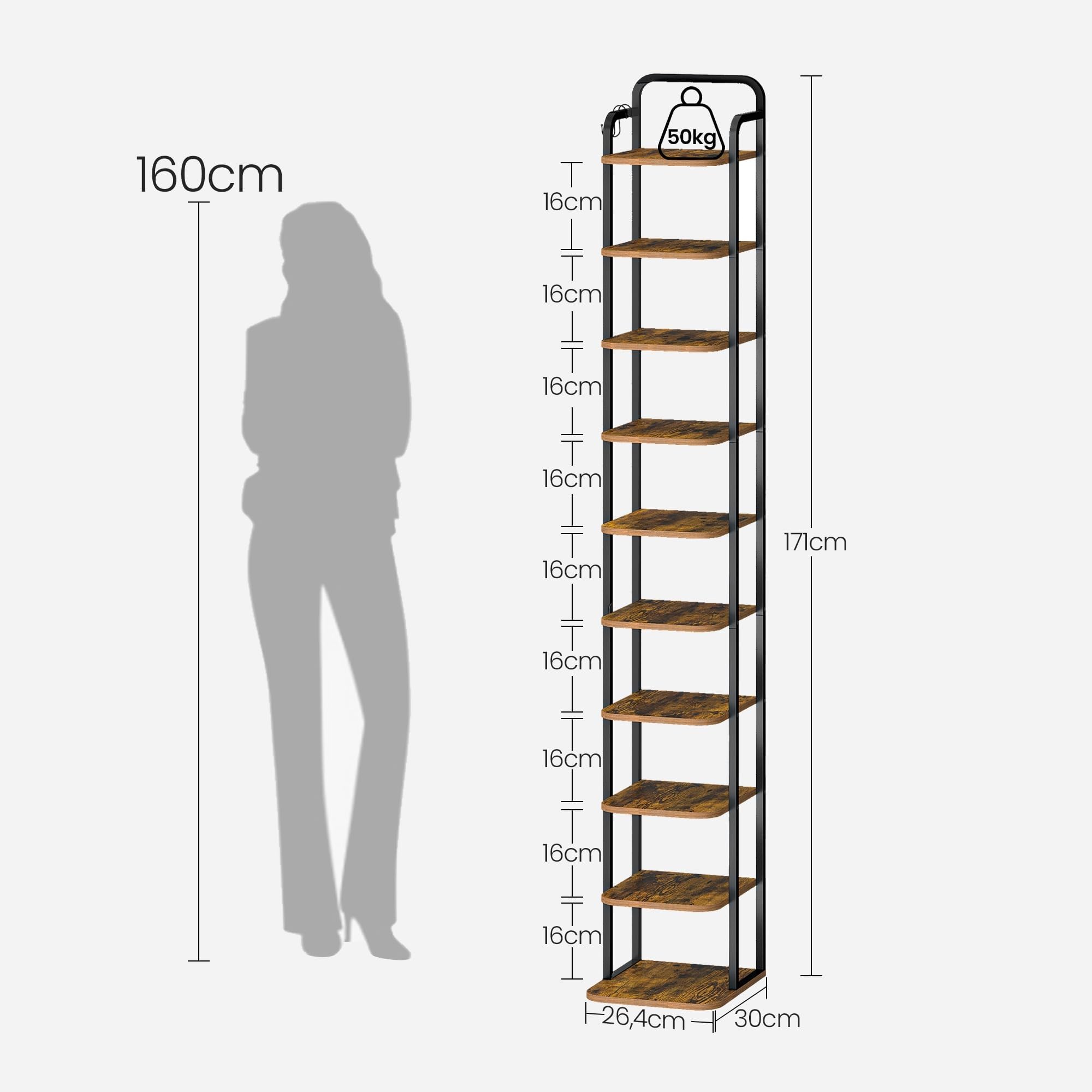 Hzuaneri Étagère à Chaussures Verticale à 10 Niveaux, Tour à Chaussures pour Petits espaces, autoportante, réglable, Gain de Place, Marron Rustique et Noir SR11201B