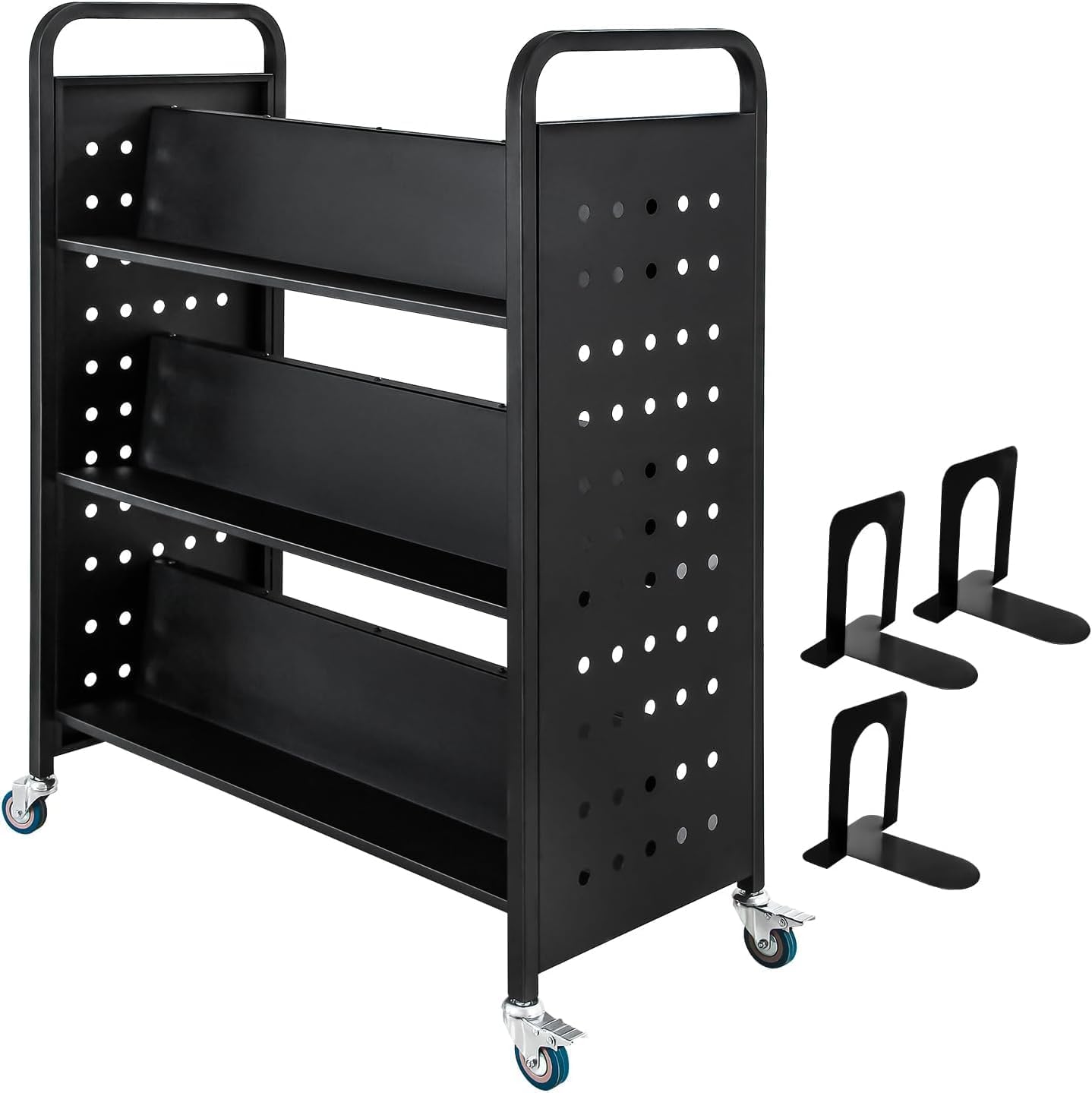 200Lbs 6-Shelf Book Cart Double Sided W-Shaped Sloped Shelves Rolling Library Cart with 2 Lockable Wheels for Home Office School