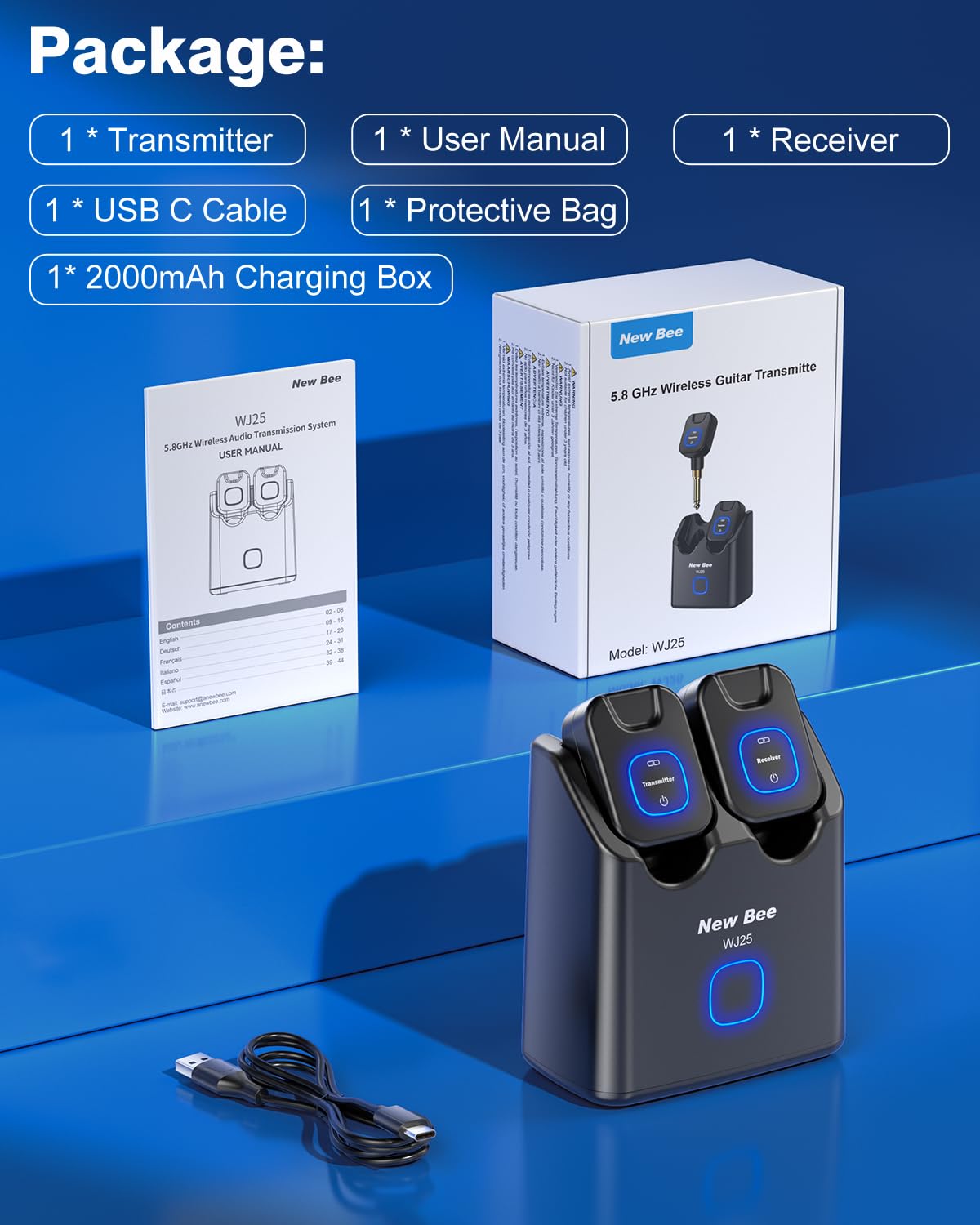 New Bee Sistema di chitarra wireless 5.8G con scatola di ricarica, suono ad alta fedeltà, ricevitore trasmettitore audio a 6 canali per chitarra elettrica, basso