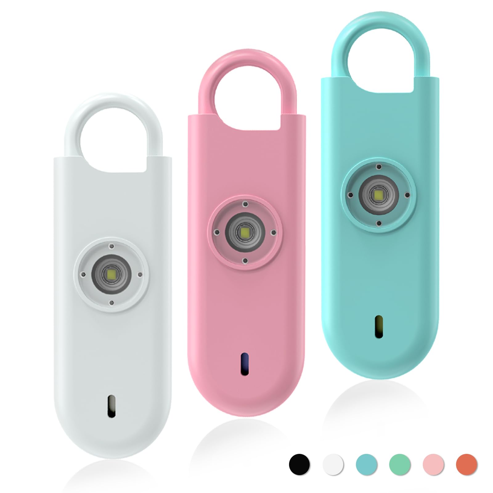 Fauxomor Taschenalarm für Frauen,3 Stück 140DB Schrillalarm Schlüsselanhänger mit LED-Stroboskoplicht und Batteriewarnung, Persönlicher Alarm für Kinder und ältere Menschen(Weiß+Pink+Blau)