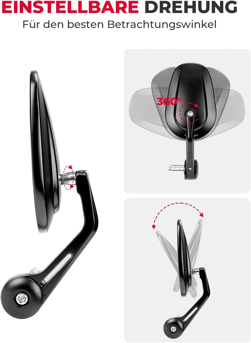 KEMIMOTO Lenkerendenspiegel Motorrad E-geprüft, 2 Stücke Universal Motorradspiegel für Lenker,360°drehbarer Lenkerspiegel Motorrad, 7/8" 22mm Seitenspiegel Kompatibel mit Roller, ATV