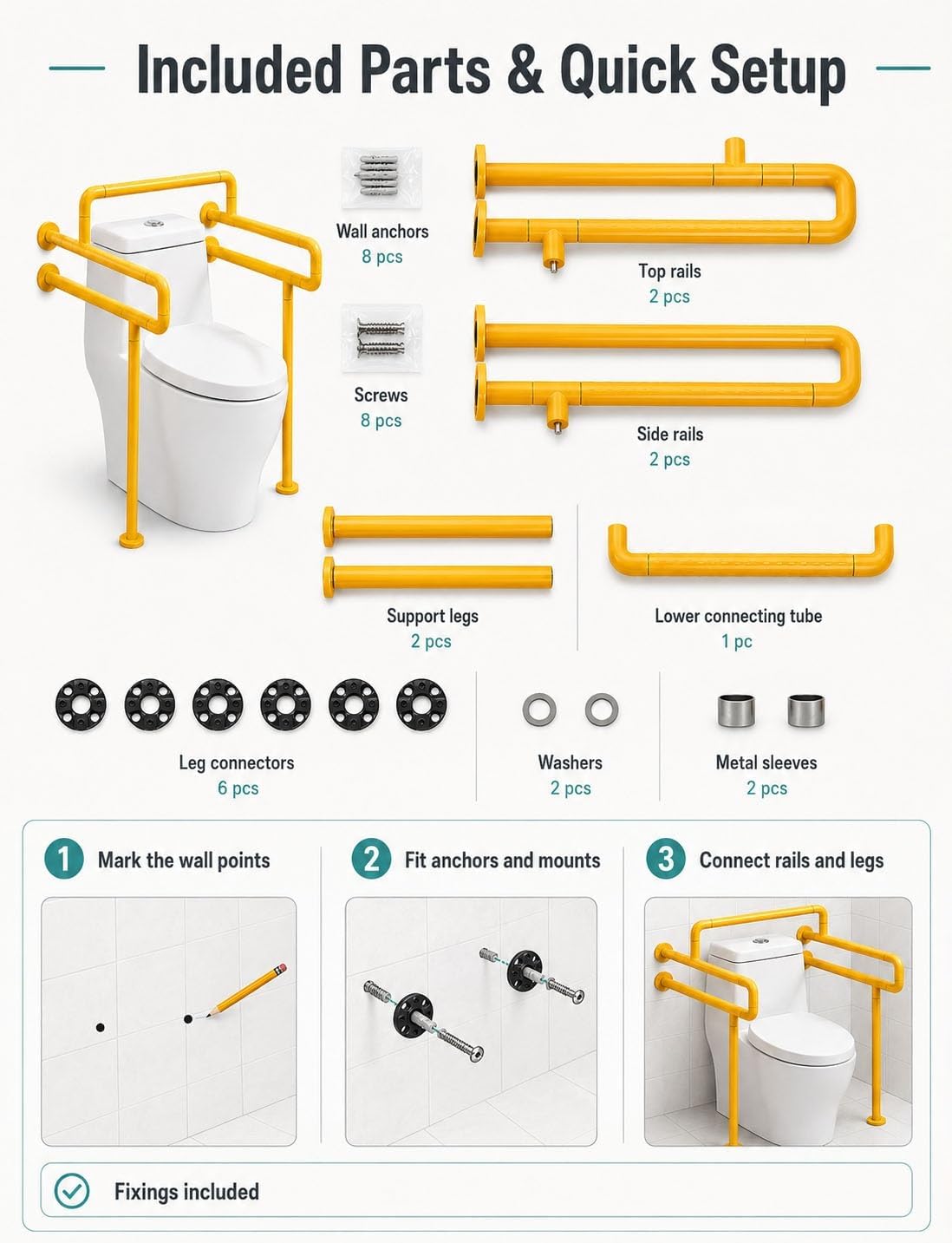 Yellow Toilet Support Rail, Bathroom Grab Bar with Floor Legs - 70cm (27.56in) Stability Aid for Seniors, Disabled & Elderly Safety, Non-Slip Design