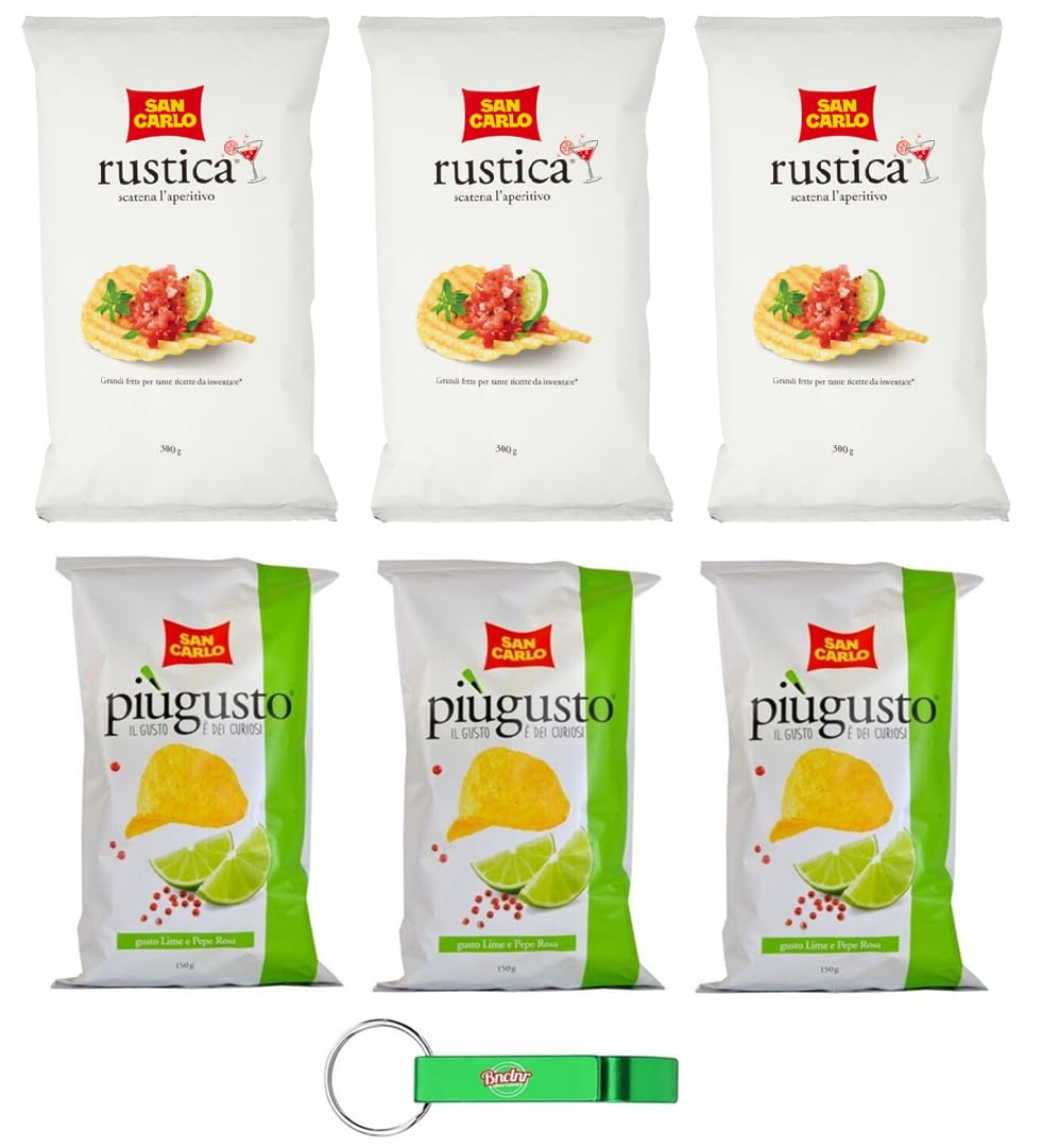 6 paquetes de prueba San Carlo Patatine, lima y pimienta rosa, 3 x 150 g + Rustica 3 x 300 g – Bolsa para patatas fritas + llavero Beni Culinari gratis
