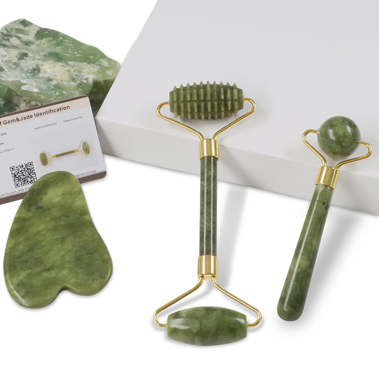 100% Natural Green Jade Rollers and Gua Sha Massage Kit | 3 in 1 Set for Premium Skincare | Original Guasha Tool & Ridged Roller for Deep Skin Massage