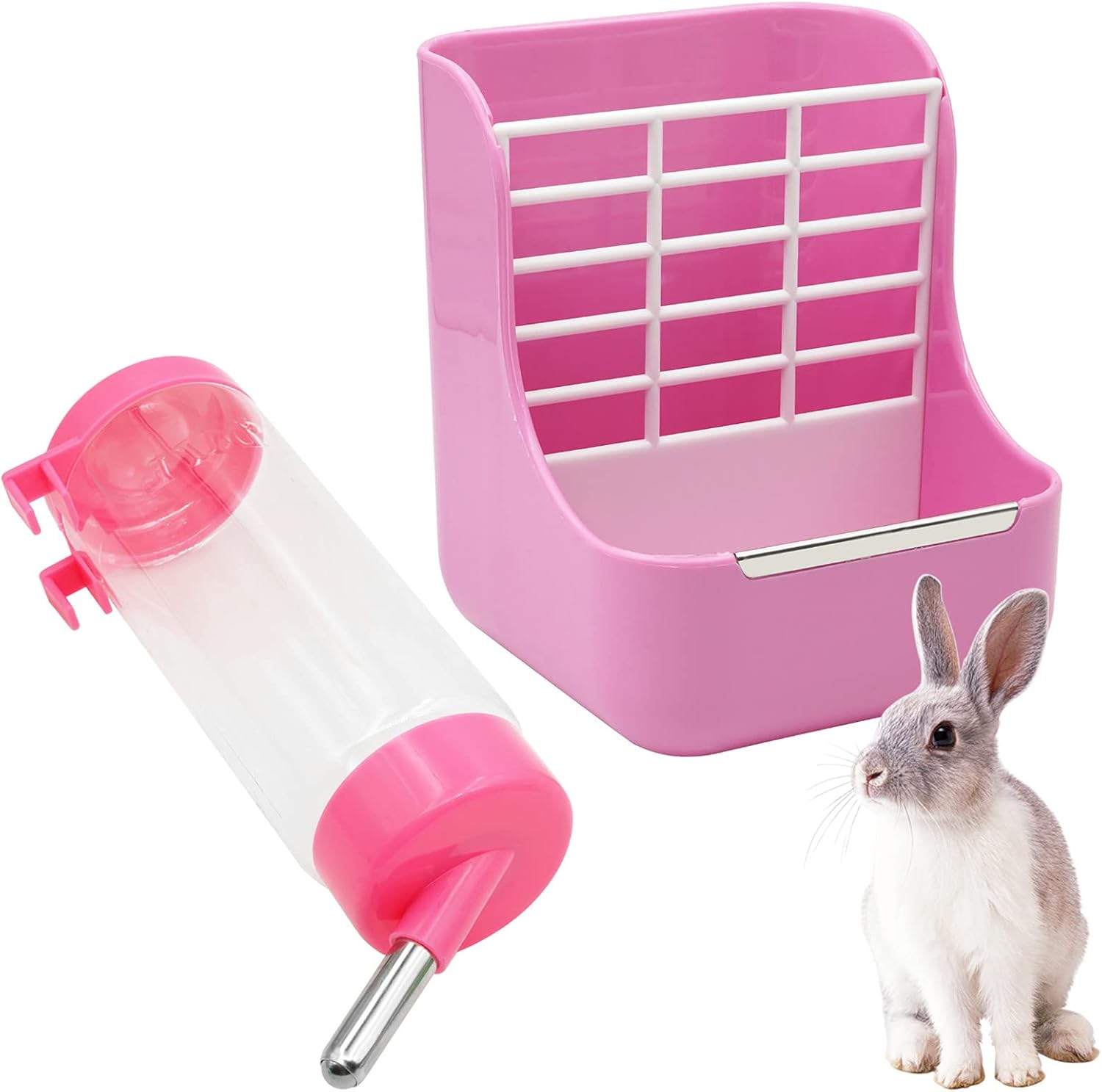 Rabbit Hay Feeder Rack and Water Bowl Watering Dispenser System for Bunny Small Animal Cage Supplies, 2 in 1 Feeder Bowls with 500ML Bunny Nipple Drinker (Bottles Random Color)