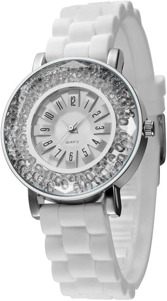 Women's Quartz Rhinestone Silver Watch with White Rubber Watch Band ,Casual Sports Dress Analog Wrist Watches for Ladies