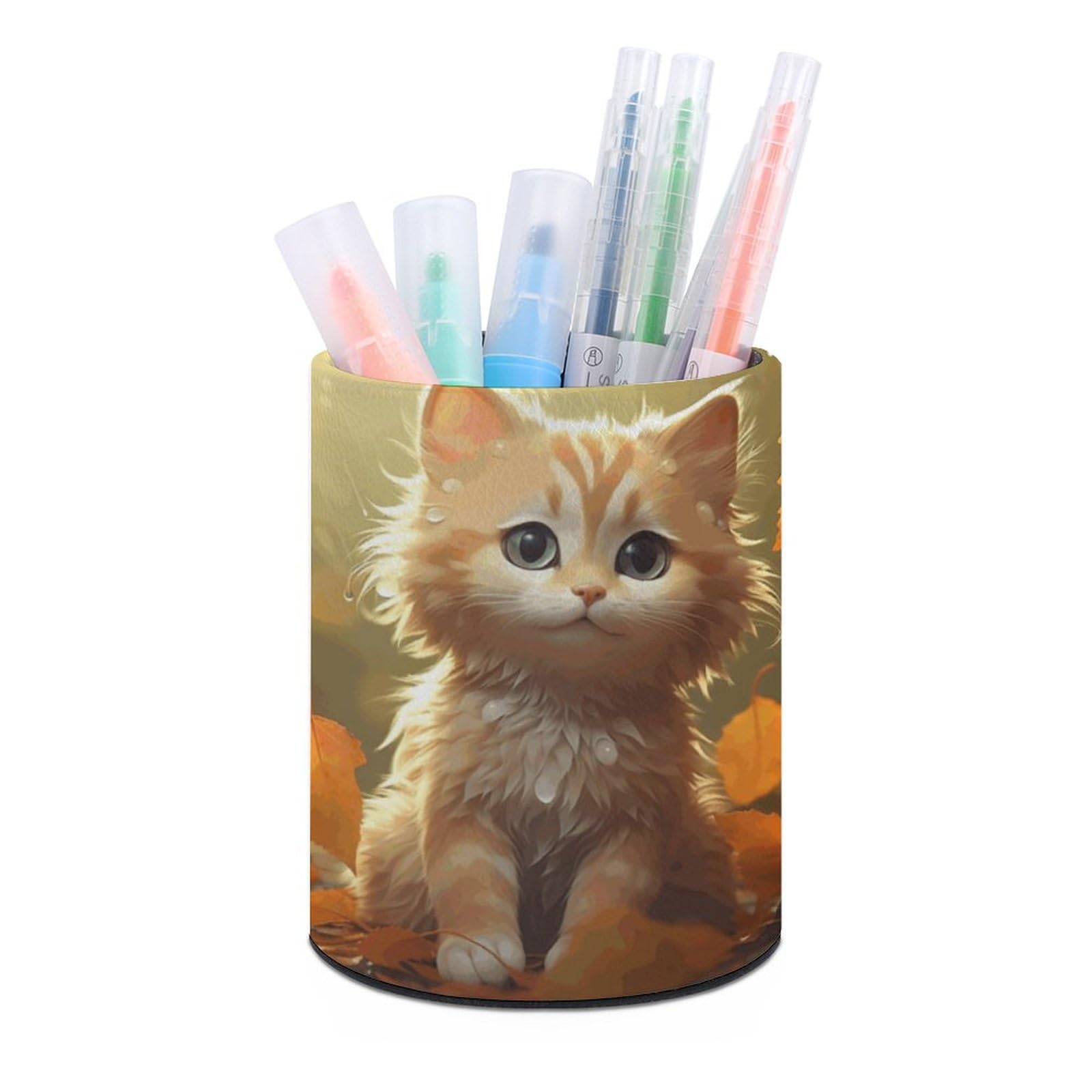 KLOPH PU Leather Pen Holder for Desk, Aesthetic Pencil Cup for Desktop, Makeup Brush Srotage for Pens Organizer Office Supplies, Leaves And Rain Pen Cup Pencil Caddy for Home Art Supply