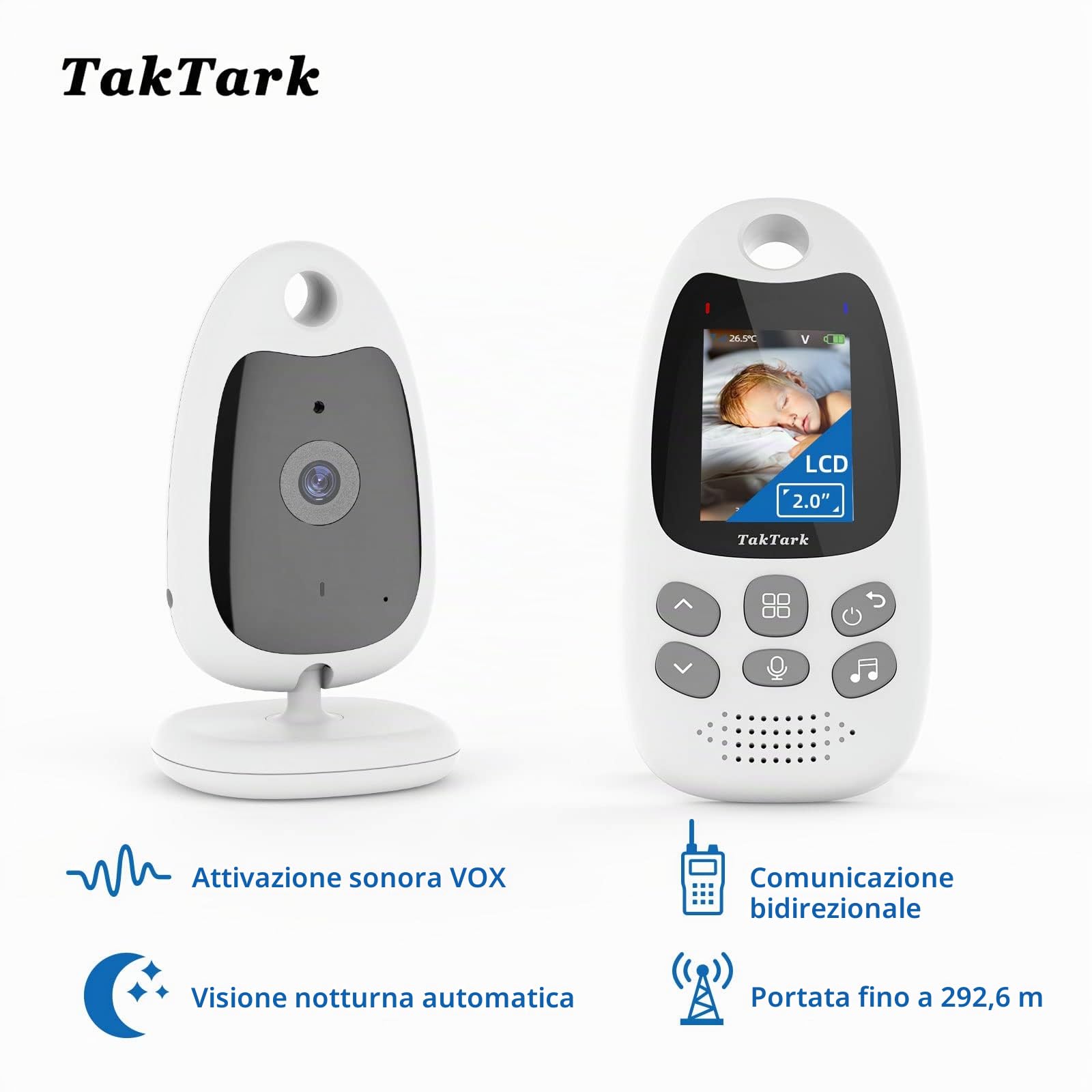 TakTark Baby Monitor, 2.0'' Videocamera Baby Monitor Video e Audio con Visione Notturna Telecamera Bambini con Monitor con Sensore di Temperatura e VOX, Monitor Bambini Ninne Nanne