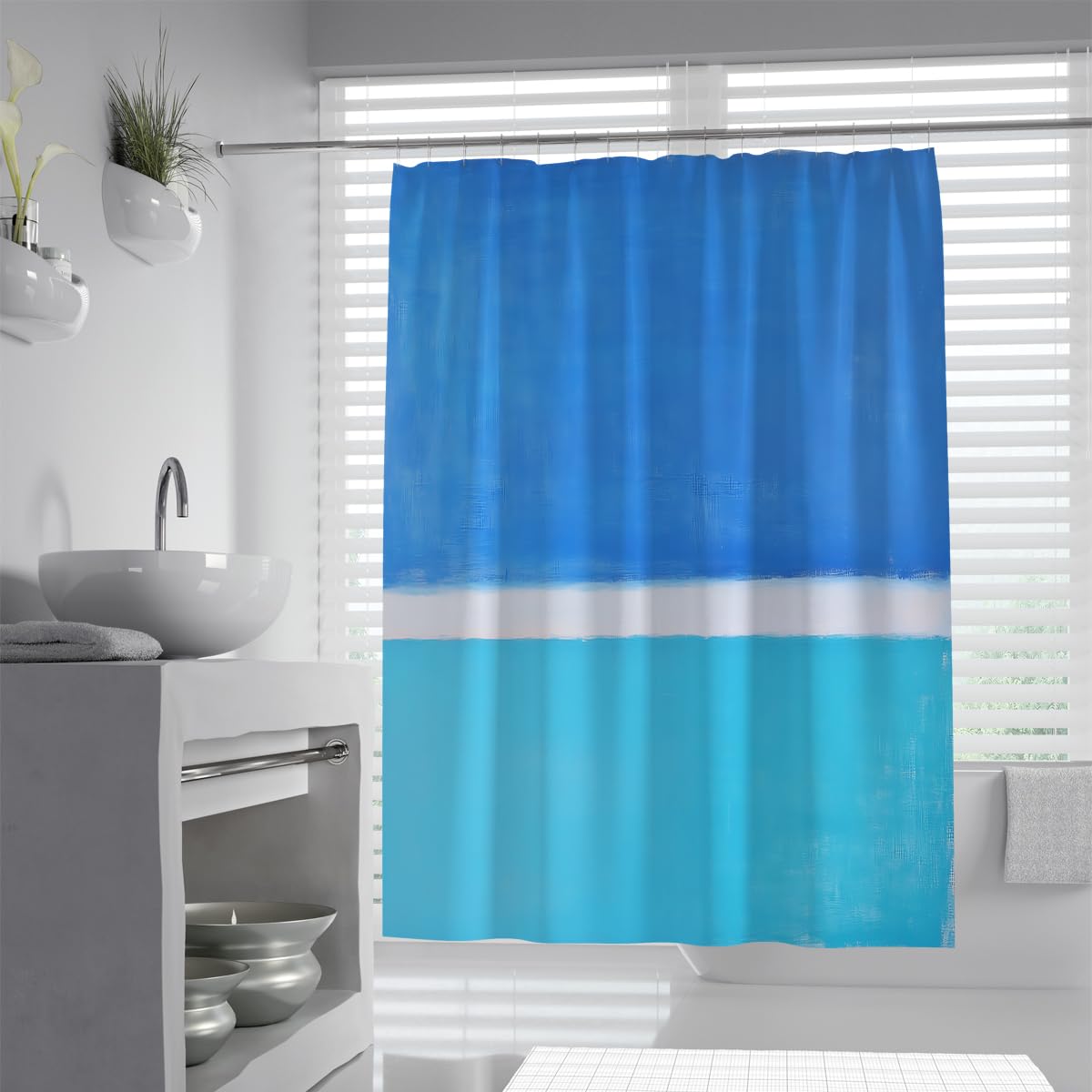 Ozeanblau-türkis-weißer Block-Duschvorhang Abstrakter mediterraner Farbstreifen Badezimmervorhänge mit Haken Polyesterstoff 200 x 240 cm