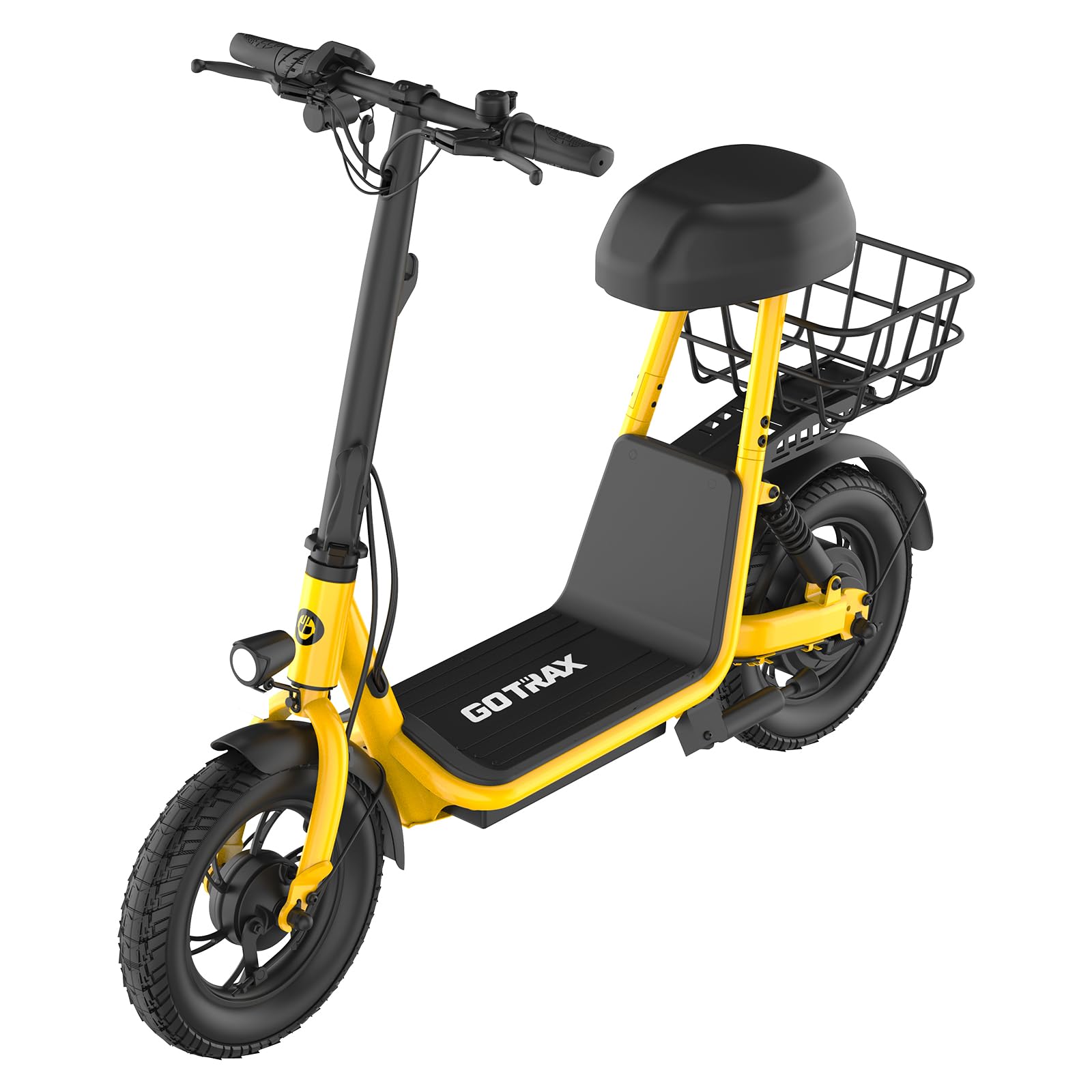 Gotrax A5 Electric Scooter w/Seat for 13+, 12" Pneumatic Tire, Max 15.5 Miles &15.5 Mph Power by 400W Motor, Dual Rear Shock Absorber &Dual Brake, Comfortable Wider Seat & Carry Basket & Hook,Yellow