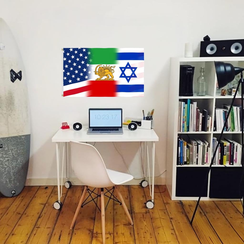 America Iran Israel Combo Flag 3X5FT, Double Sided 3Ply, Funny American Friendship Flags, Men Women Banner,Vibrant Colors, Double Stitched with 2 Brass Grommets, Bar Garden Street Decoration, GYM, Office Decor,Indoor Outdoor Use,Gifts. (X, 3x5ft3ply)