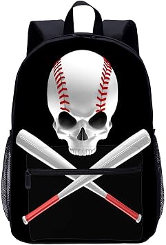 Baseball Skull Backpack Boys Shoulder Bookbag for Unisex Teens 1-5th Grade