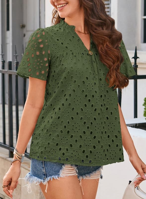 Womens Summer Tops V-Neck Short Sleeve Shirts Dressy Casual Babydoll Blouses Embroidered Eyelet Flowy Boho Clothing - Image 4