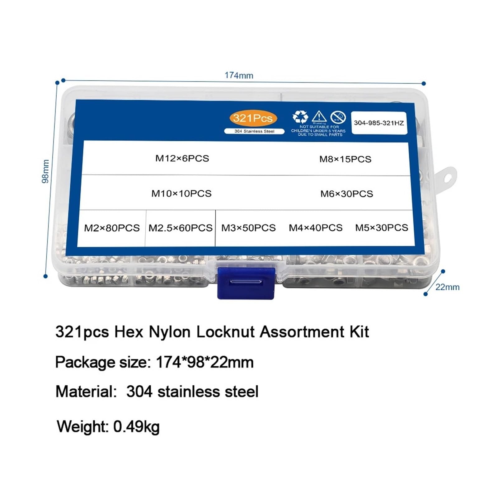 Zestaw 321 nakrętek zabezpieczających z nylonu 304 ze stali nierdzewnej M2 M2,5 M3 M4 M5 M6 M8 M10 M12, sześciokątnych, samozabezpieczających