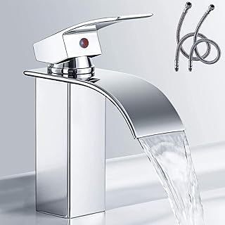 Bathroom Sink Taps Chrome, AIMOYO Waterfall Basin Mixer Tap, Modern Single Lever Brass Bathroom Taps Mixer Hot and Cold Water Sink Taps with UK Standard Hoses