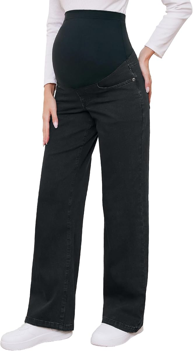 fitglam Pantalones vaqueros de maternidad para mujer, pierna recta, ajuste relajado sobre el vientre, pantalones vaqueros de trabajo, ropa de maternidad con bolsillos