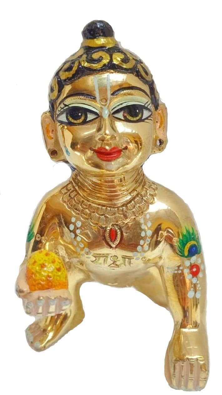 MAHESHWARAM Brass Lord Ladoo Gopal Decorative Showpiece Statue Idol 6 inch Height with 2 Set Dress, 2 mukut, 1 Singhasan, 2 Set shrirngar