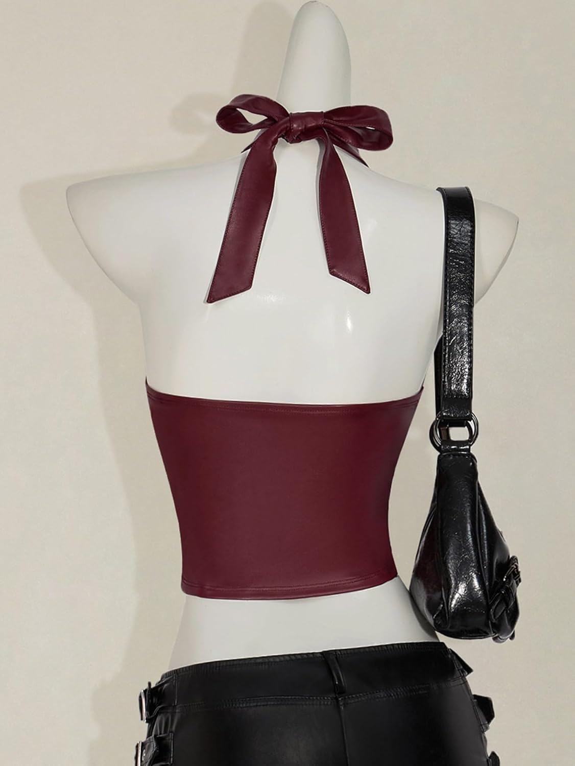 Verdusa Women's Y2k Club Faux Leather Corset Tops Cut Out Criss Cross Going Out Halter Top - Image 5