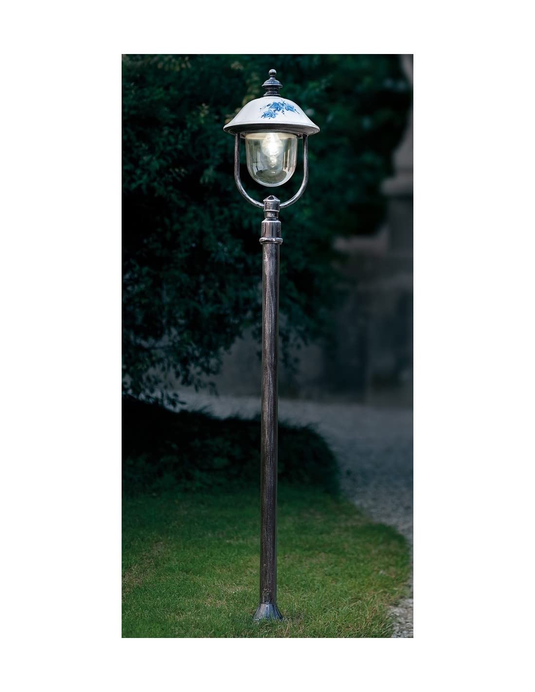 URSO STORE Paletto da terra classico per esterno nero argento e bianco con decorazione blu diffusore trasparente 1 luce FL-176