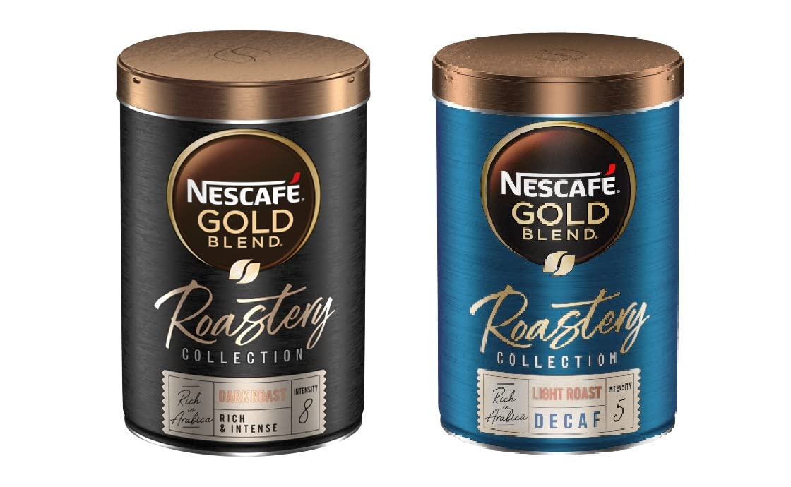 Nescafae Roastery Combo Pack, Light Roast Decaf Caramelised Honey Toasted Biscuit, & Roastery Dark Roast Rich Dark Chocolate Roasted Nut Soluble Coffee Tin Each 95g Pack Of 2 (UK)