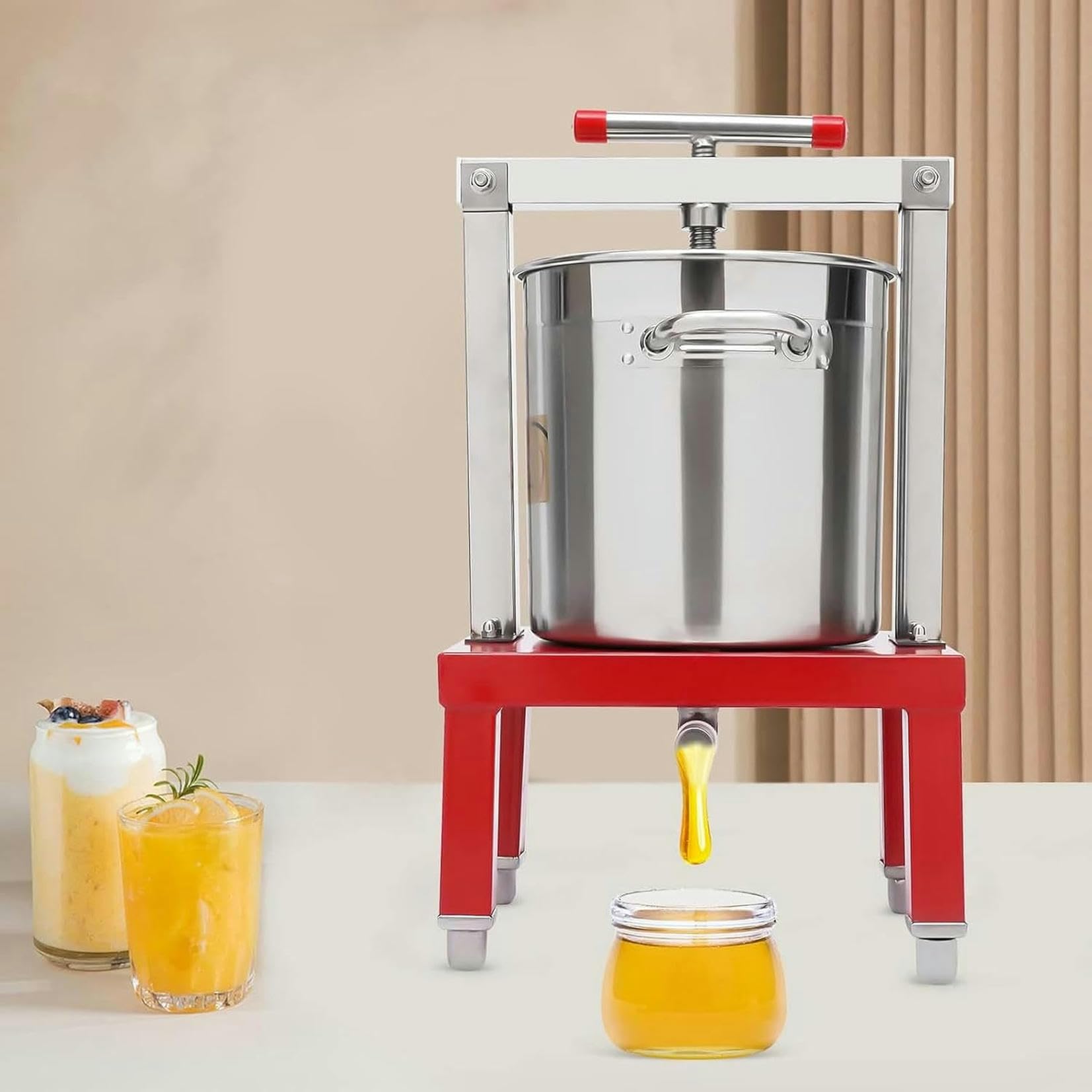 Prensador Manual de Miel y Frutas de 13L, Extractor de Cera de Abejas, máquina de Apicultura y Extractor de Prensa de Sidra, Vino, UVA y Manzana para Hacer Jugo de Vino con Barril y Barril~/