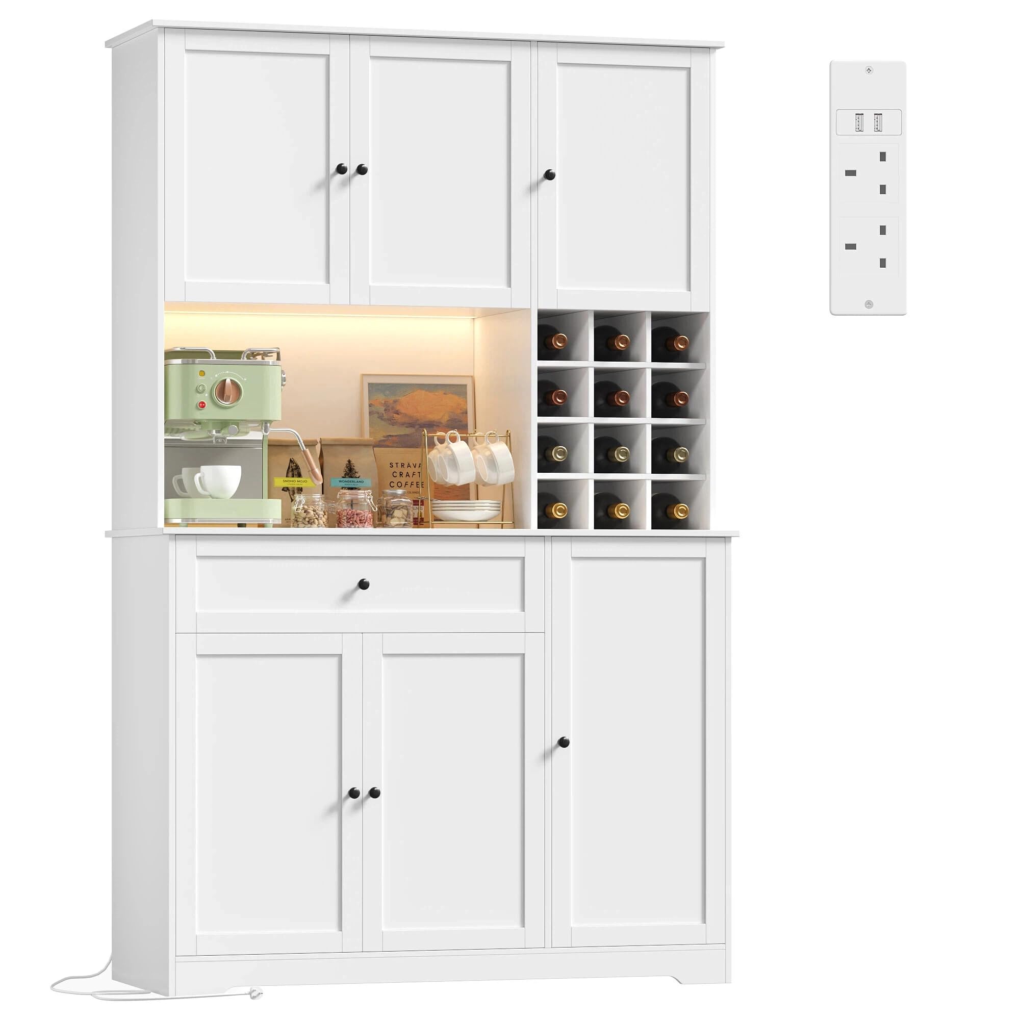 FirFurd Kitchen Cupboard Tall Kitchen Cabinets with LED, Power Outlet, Sideboard Storage Cabinet with Wine Rack for 12 Bottles, Countertop and Drawer Dining Room Furniture180x100x39cm White