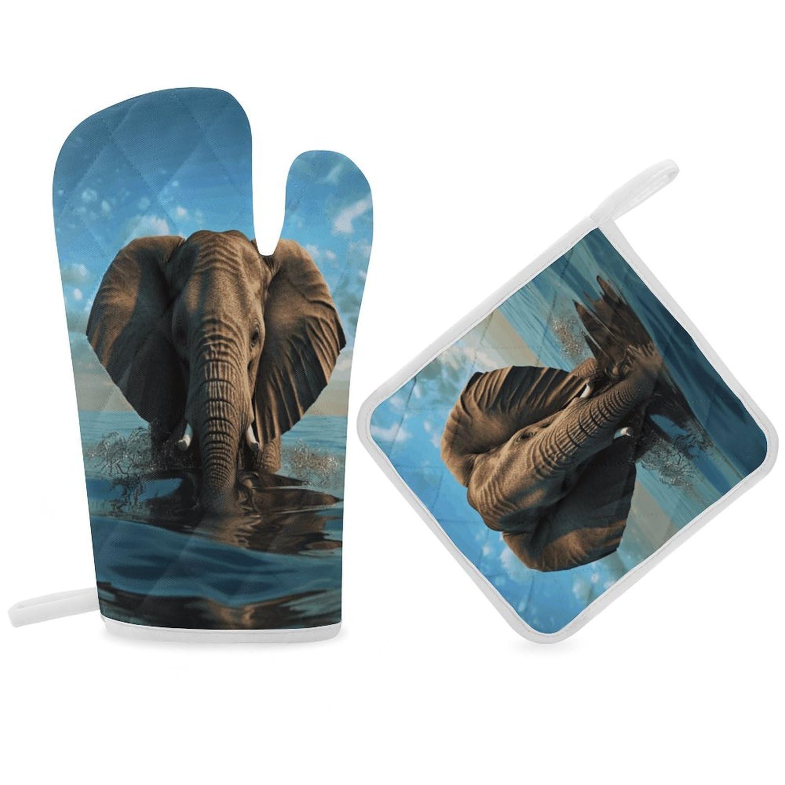 Elephant is Sitting in The Water Oven Mitt Thick Substantial Heat Insulation Gloves Soft Skin-Friendly Temperature Resistant Oven Mitts for Cooking Lover Cooks