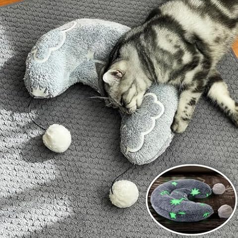Happi N Pets Large Cat Pillow for Indoor Cats, Fluffy & Cozy Cat Calming Pillow with Two Toy Balls, Luminous Cat Neck Pillow, Half Donut for Joint Relief Sleeping Improvement, Machine Washable-Blue Cover