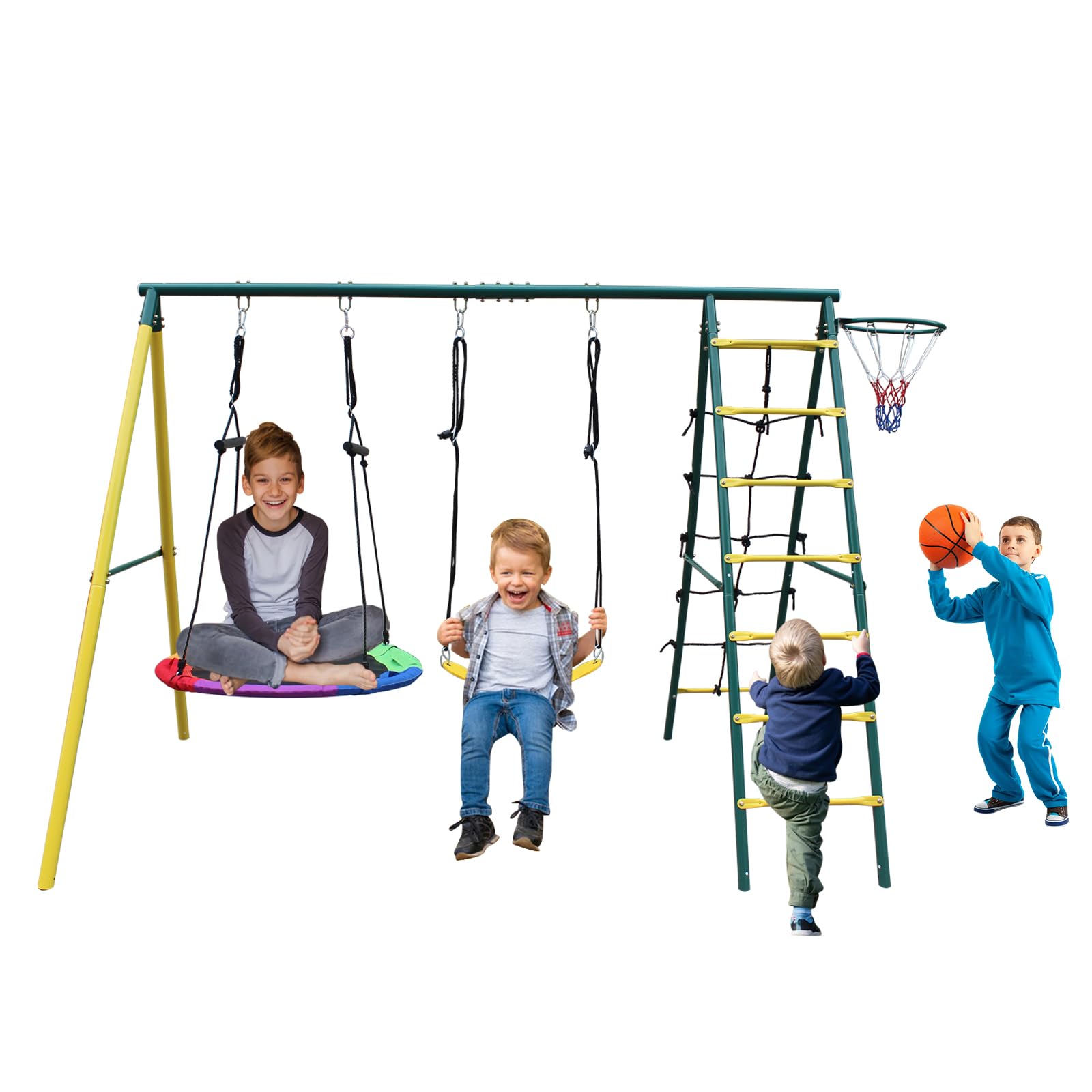 MAKELEN 5 in 1 Swing Set and Climbing Ladder for Kids Backyard Outdoor A-Frame Heavy-Duty Metal Swing Sets with Basket