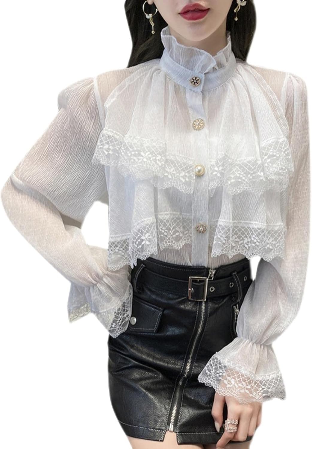 Weiß Viktorianisch Bluse Langarm Gothic Schnürkorsett Top Frauen Büro Renaissance Vintage Party Goth Rüschen Lolita Hemden, Apricot, M