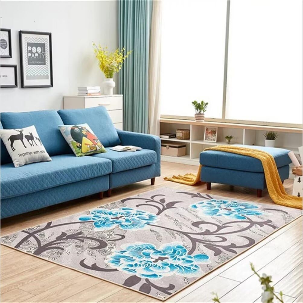 Tapis de salon gris 90x180cm lavable en machine au motif floral vintage bleu
