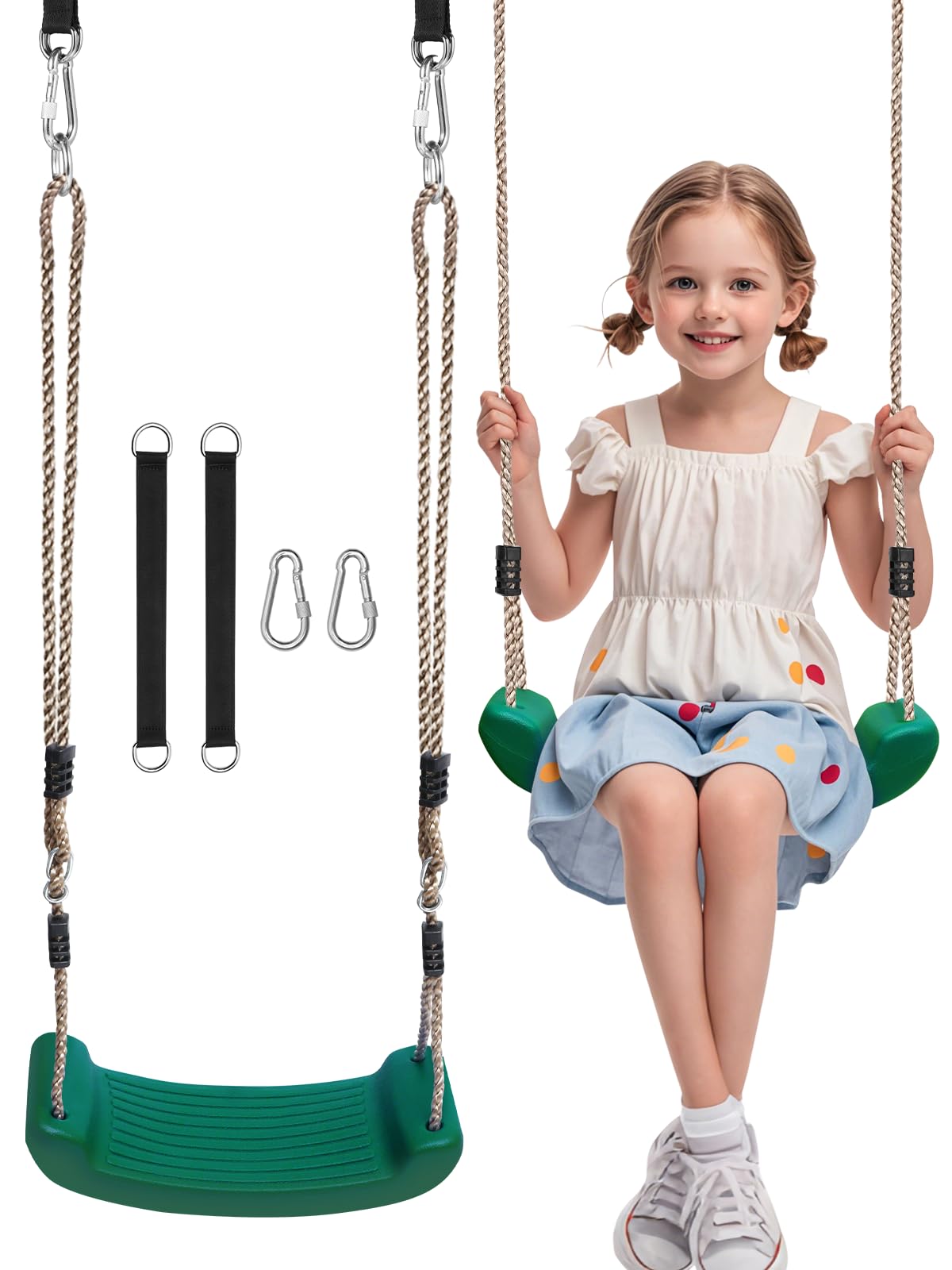 Columpio para exteriores, columpio infantil regulable en altura, asiento con 2 correas para hamaca y 2 mosquetones, soporta hasta 80 kg, columpio de jardín para niños a partir de 3 años