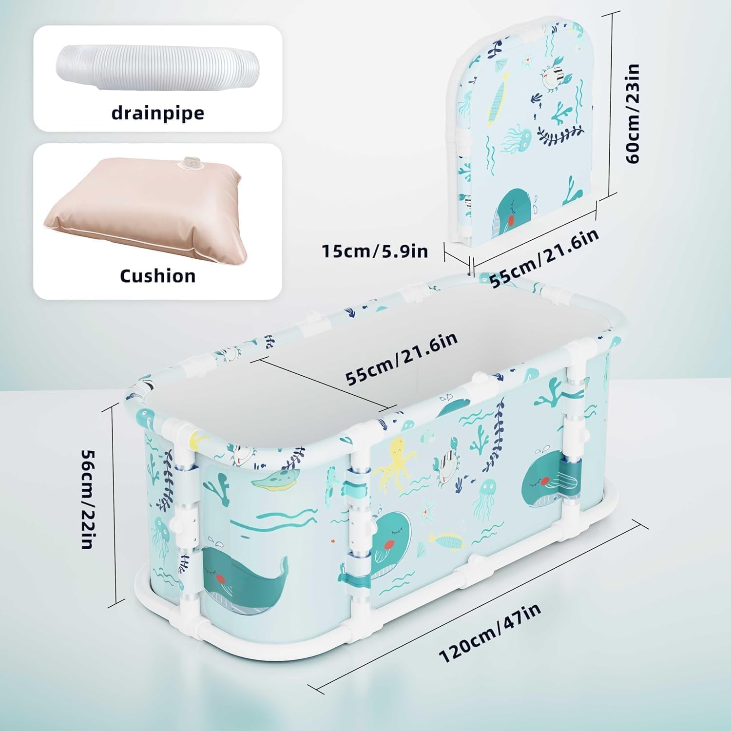 Vasca da bagno portatile, vasca da bagno pieghevole da 120 cm, installazione gratuita, vasca da bagno addensata a 7 strati con supporto in metallo, SPA (Stile oceano M2)
