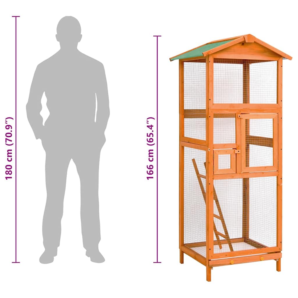 Jaula para pájaros 68x62x166 cm de madera de abeto macizo, gran aviario exterior con malla de hierro, techo impermeable, escalera, bandeja deslizante y dos puertas con cerradura
