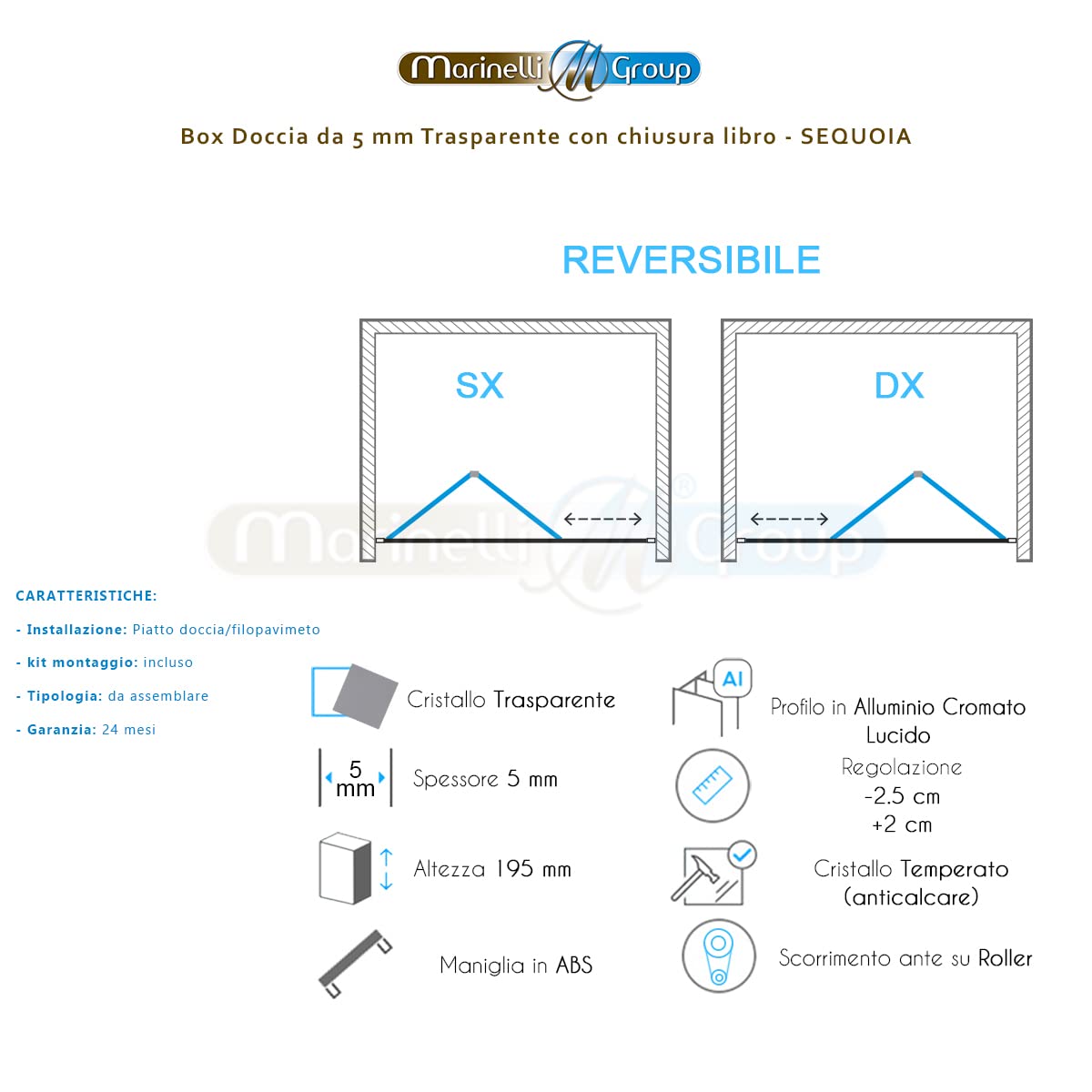 Porta doccia per nicchia 80 cm apertura a libro pieghevole vetro TRASPARENTE anticalcare 5mm Sequoia