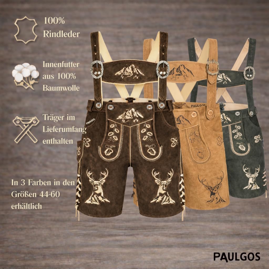 PAULGOS Herren Trachten Lederhose HK4 + Träger, Echtes Leder, Gr. 44-60