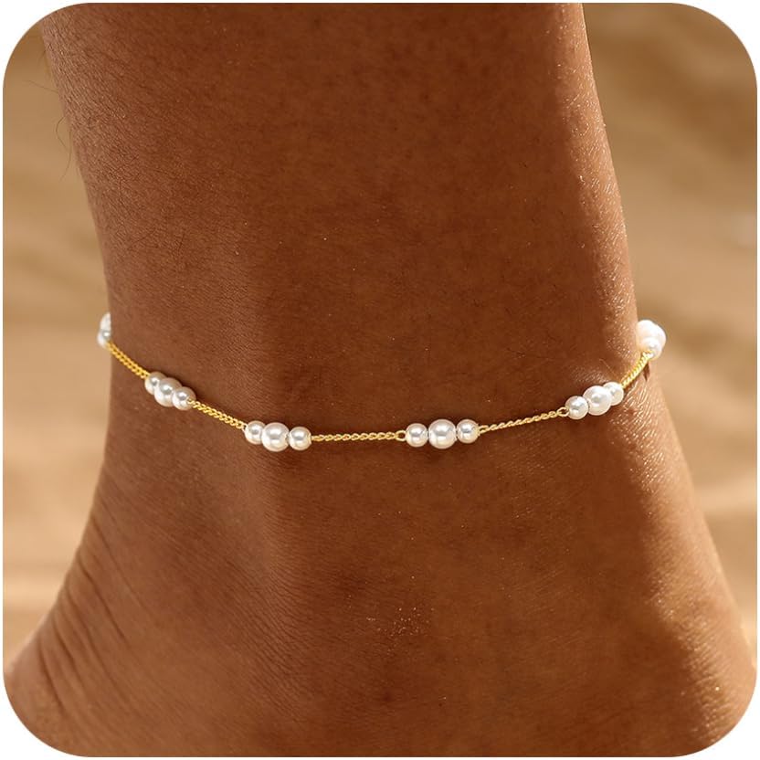 Warshion Ankle Bracelets for Women - 14K Gold Plated Waterproof Gold Anklet Delicate Chain Women's Anklets Summer Beach Pearl Jewelry Layering Gift Non Tarnish