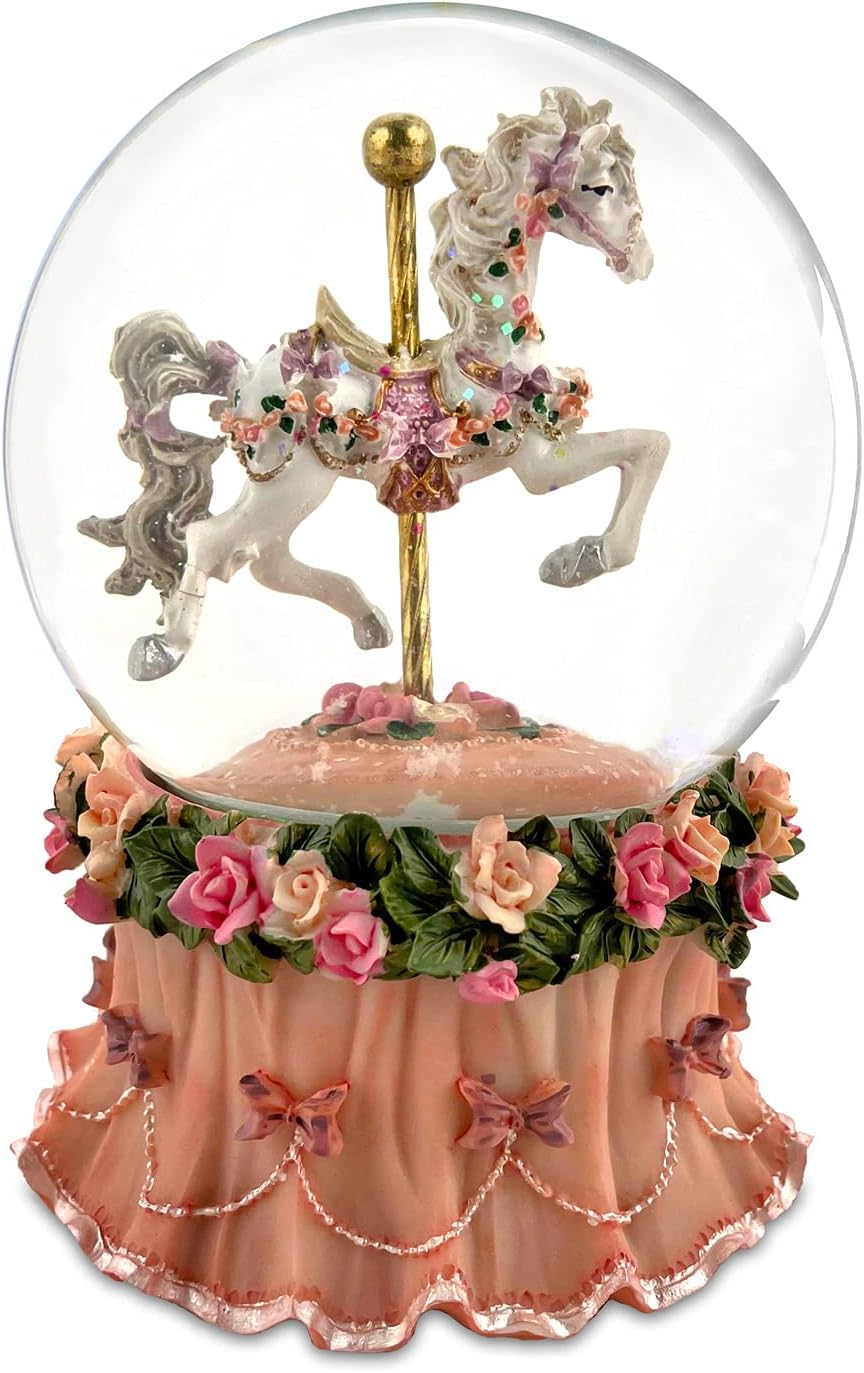 Carousel Horse Water Globe with Pink Flower Base
