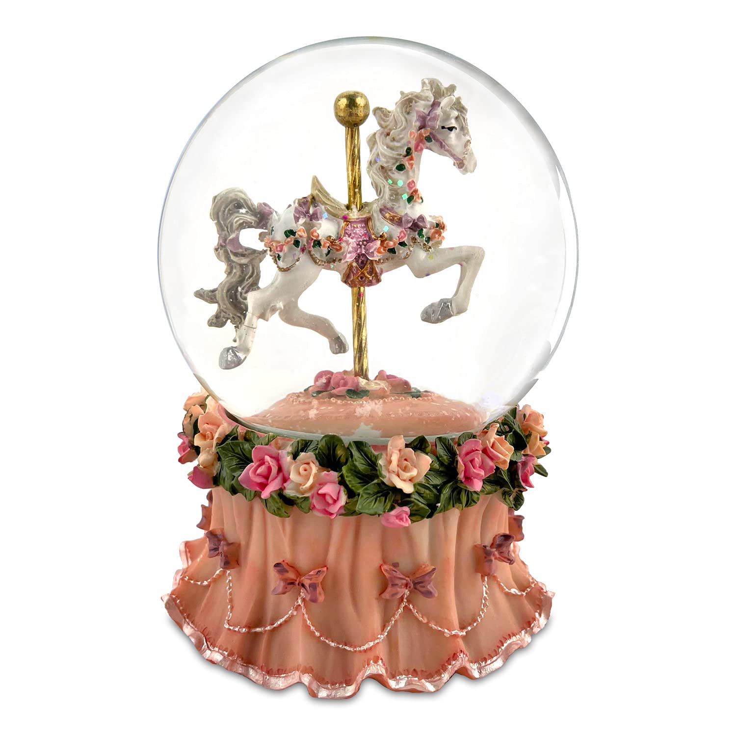 The San Francisco Music Box Company Carousel Horse Water Globe with Pink Flower Base