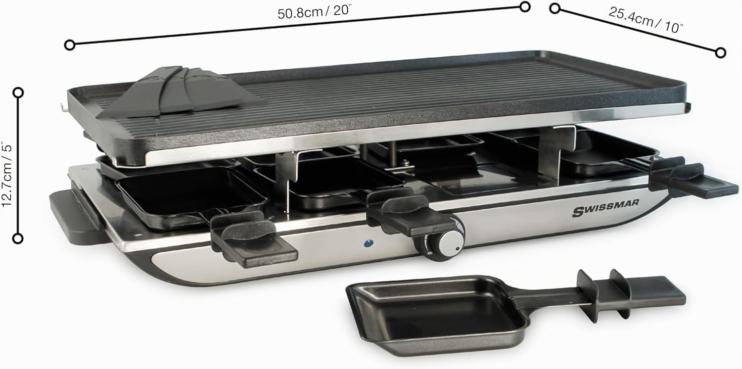 Swissmar Geneva Raclette 8 Personen, Grill mit Pfännchen und Schiebern, antihaftbeschichteter Grillplatte aus Aluminiumguss und 8 Pfännchen, 1400W