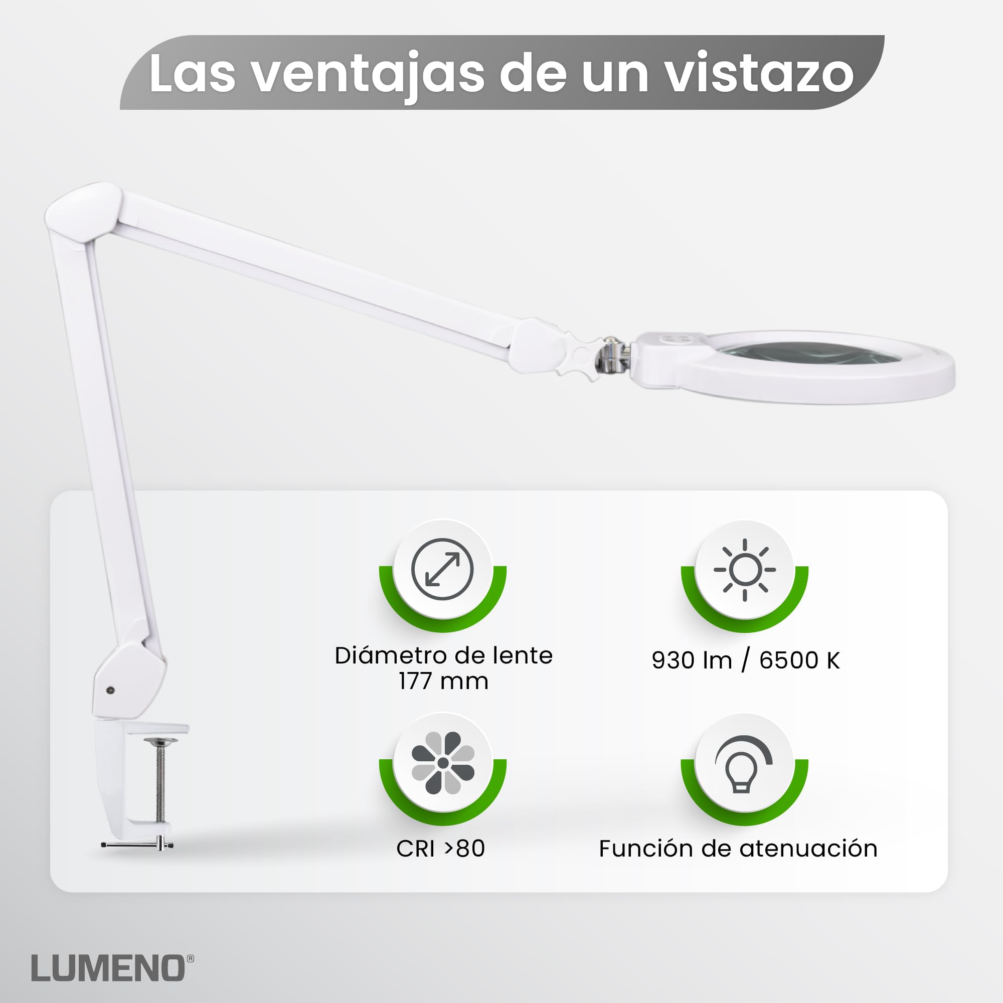 Lumeno 8245PRO Lupa LED con gran lente de cristal auténtico de 172 mm, regulable con interruptor de segmentos y robusta carcasa metálica ideal como ayuda de lectura, para trabajos manuale, 5 dioptrías